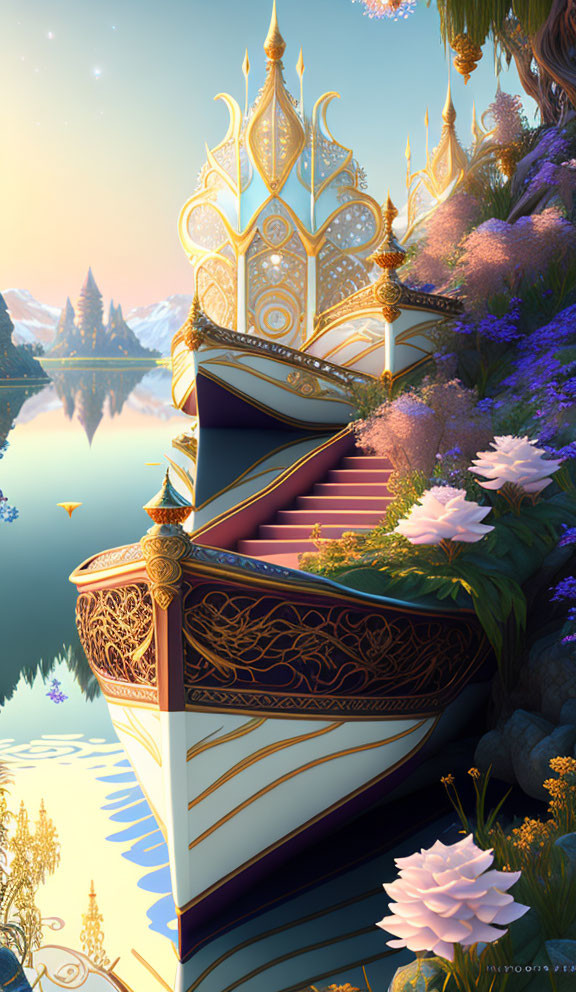 Golden and White Boat with Intricate Designs in Serene Landscape