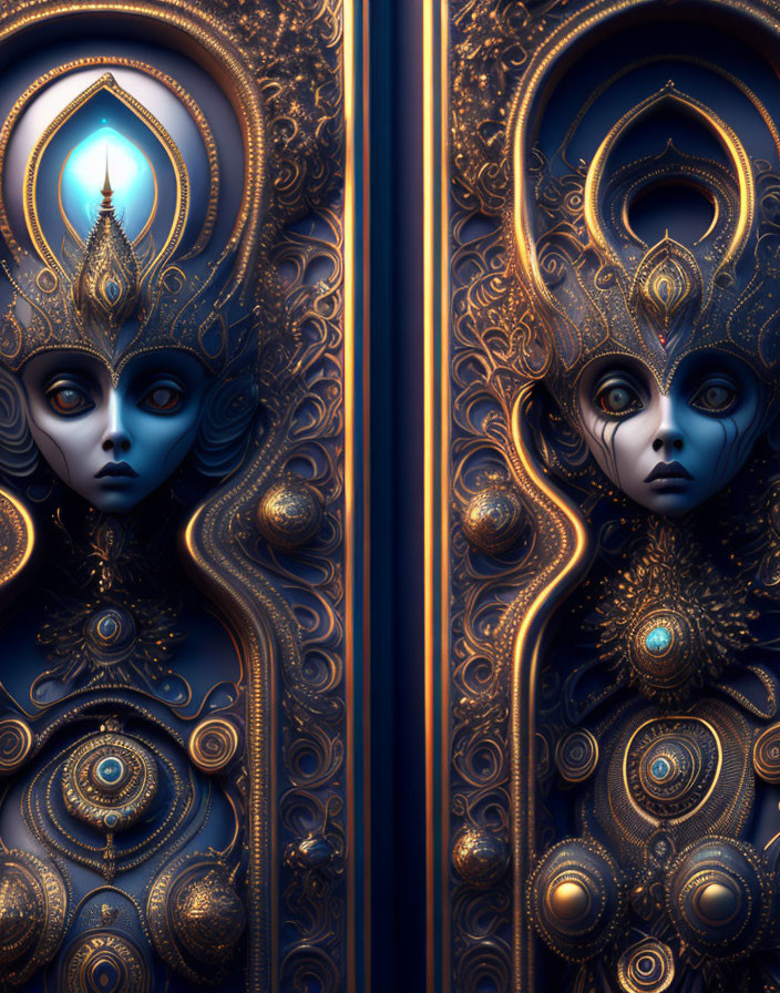 Surreal ornate figures with golden designs in mystical setting