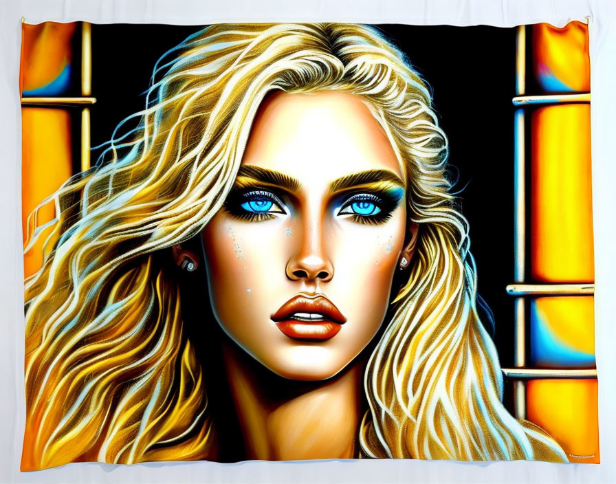 Blonde woman with blue eyes in neon-lit scene