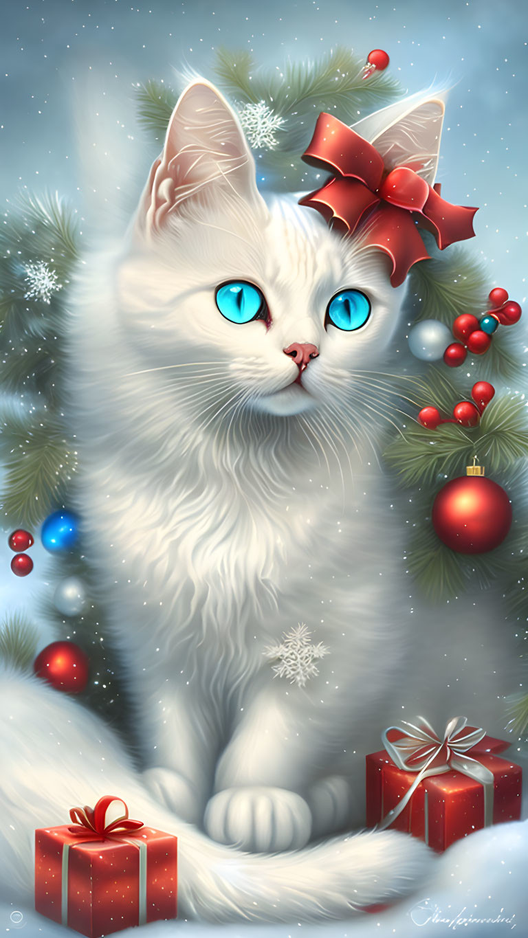 White Cat with Red Bow and Blue Eyes in Christmas Setting