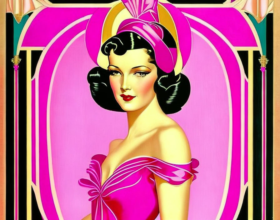 Elegant woman in Art Deco style with turban and pink dress