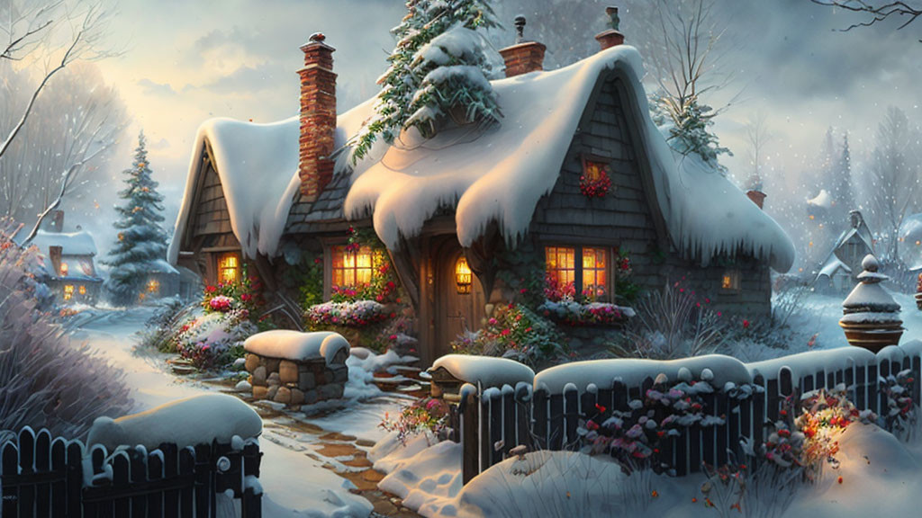 Snow-covered cottage with warm light in winter scene