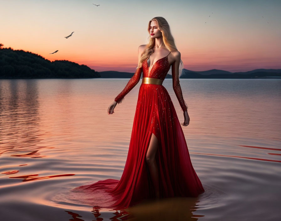 Woman in Red Dress Standing in Water at Sunset with Birds and Hills