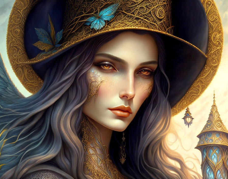 Detailed digital painting of woman in embellished hat with blue accents against fantasy architecture.