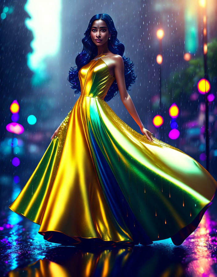 Woman in Metallic Gold to Green Gradient Dress Standing on Wet City Street at Night