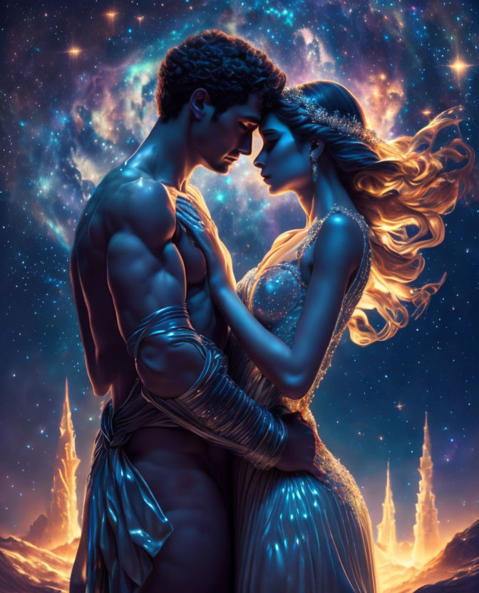 Fantastical illustration: Couple embracing in cosmic setting