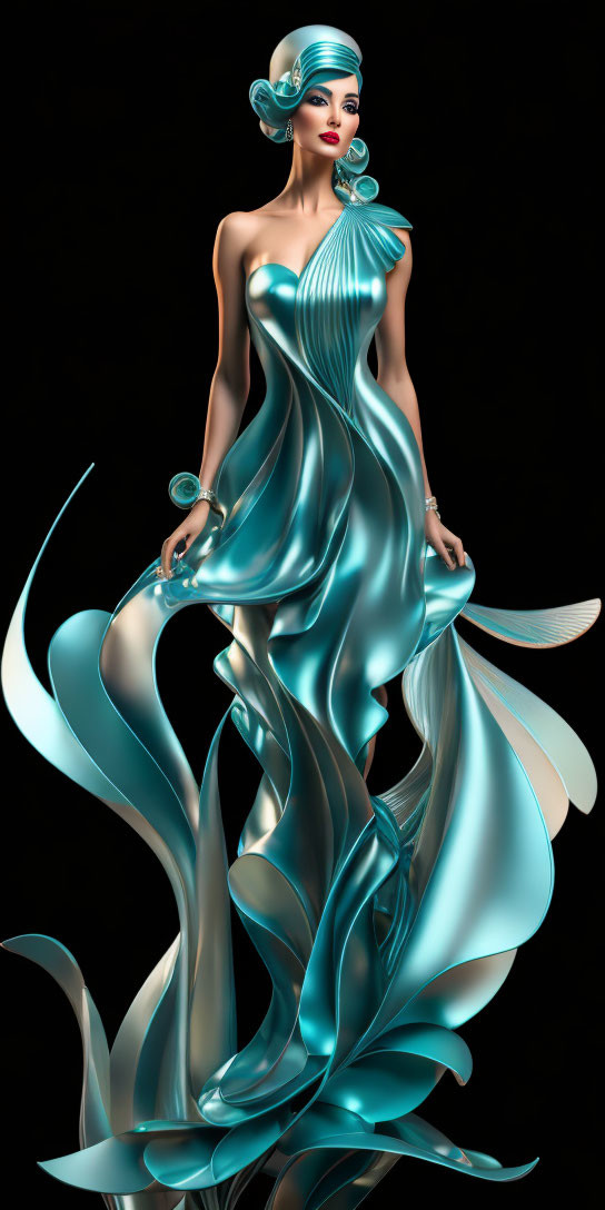 Elegant woman in metallic turquoise gown with swirl designs