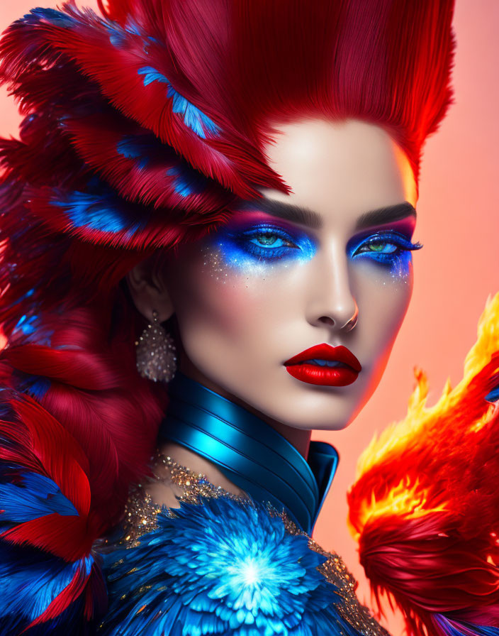 Woman with Red & Blue Feather Accessories Posing with Stylized Bird