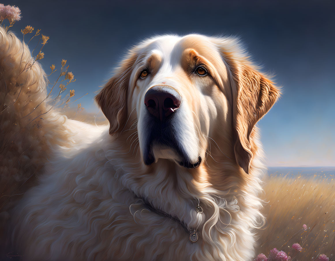 Detailed Portrait of Gentle Golden Retriever Against Softly Lit Sky & Wildflowers