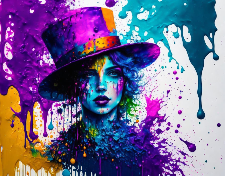 Colorful Portrait of Person with Hat and Paint Splashes