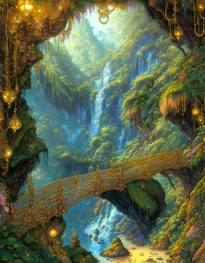 Mystical fantasy forest with stone bridge and waterfalls