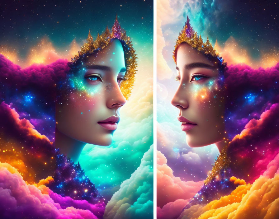 Colorful cosmic-themed portrait of a woman against space and cloud background