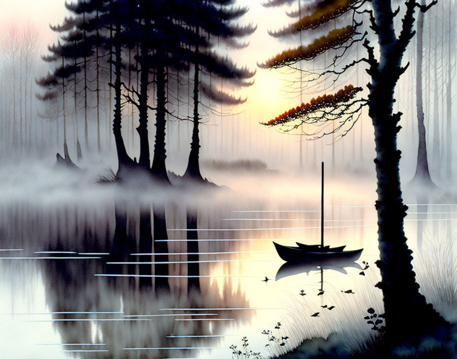 Misty waters with small boat and leafless trees at sunrise