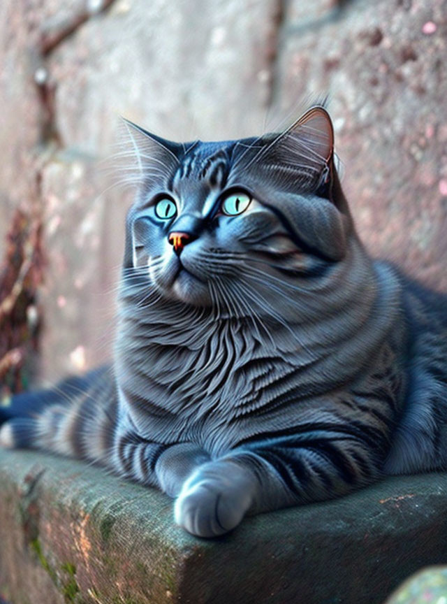 Grey Tabby Cat with Green Eyes Resting on Stone Ledge