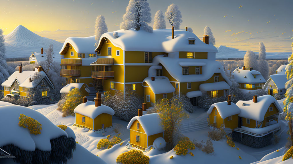 Snowy landscape with yellow houses, trees, and mountains at dusk