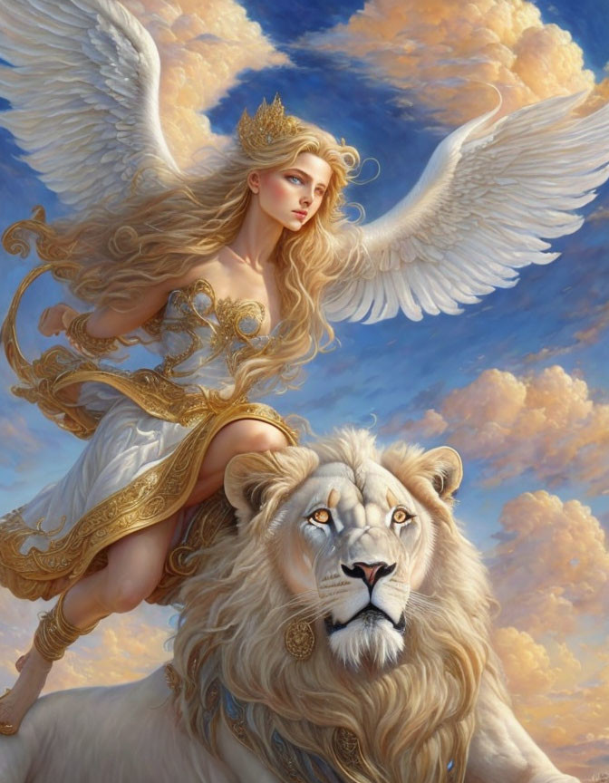 Golden-haired angel on white lion in cloudy sky