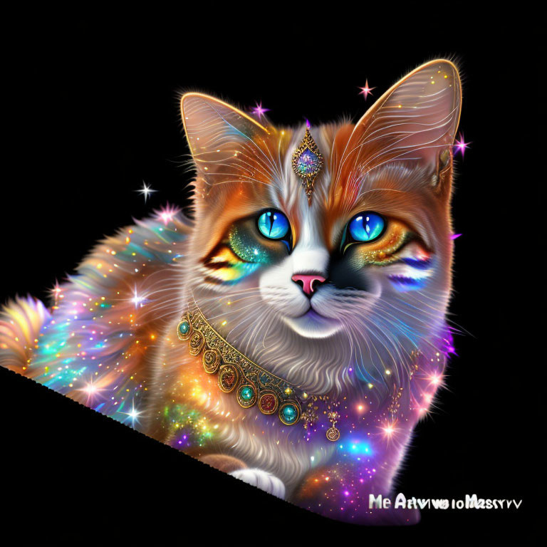 Colorful Cat Digital Art with Blue Eyes and Sparkling Jewelry on Black Background