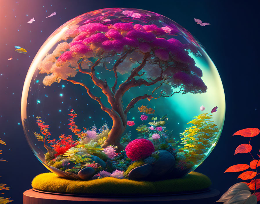 Colorful Terrarium with Pink Tree, Flowers, Plants, Butterflies, and Starry Sky