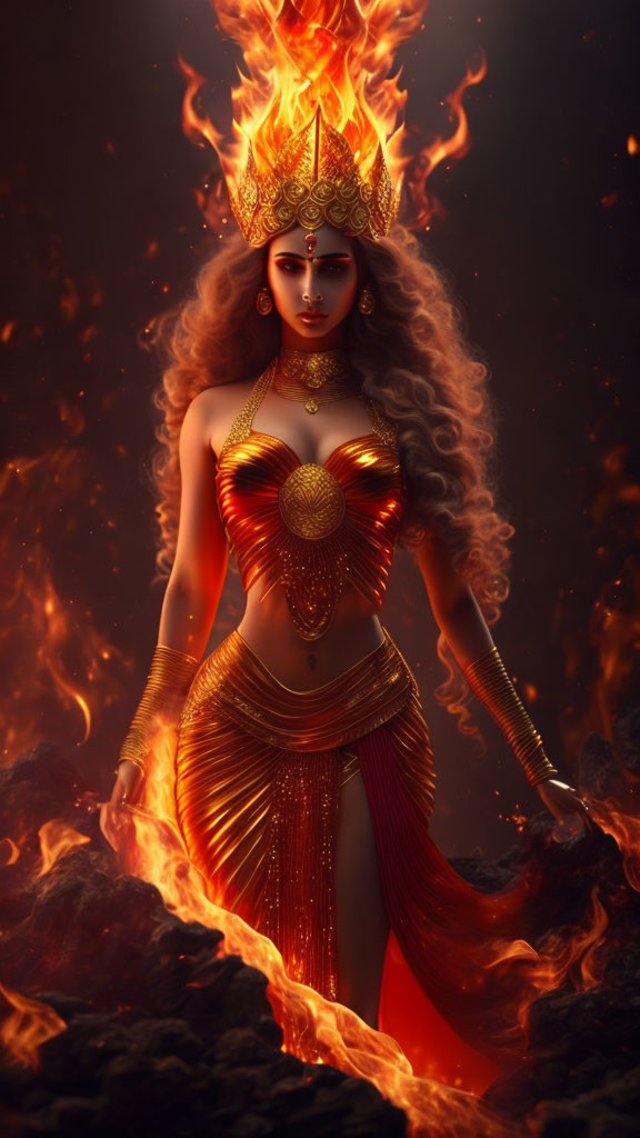 Woman in Golden Attire Surrounded by Flames