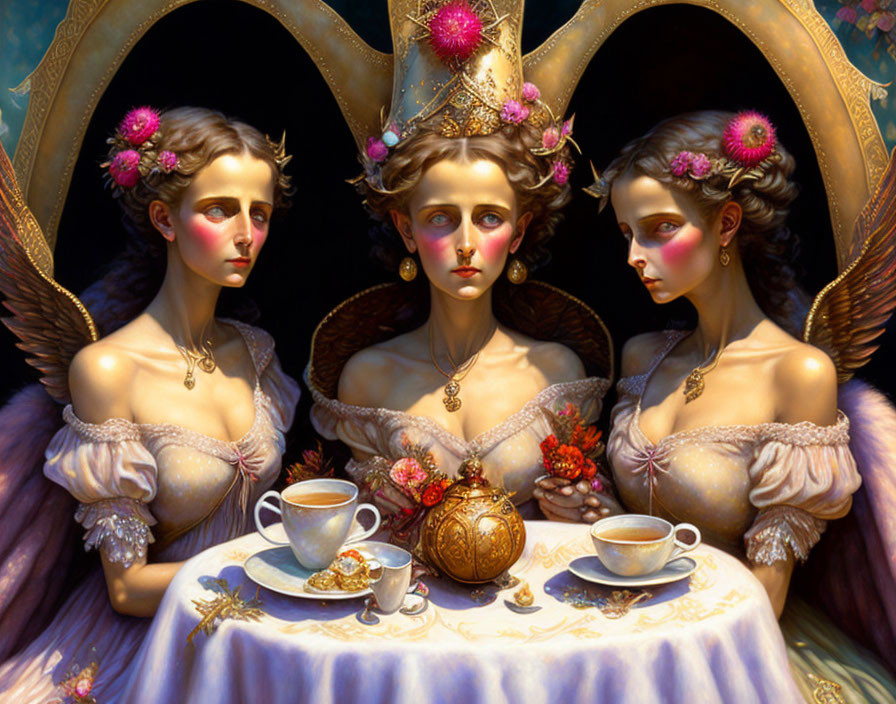 Regal angelic figures in Victorian attire at ornate teatime table