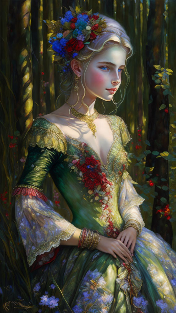 Illustrated woman in lush forest with floral crown and flowing green dress