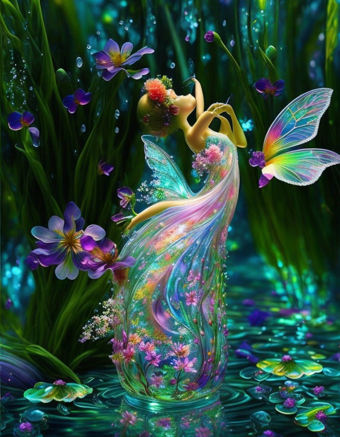 Colorful Fairy with Glowing Wings Playing Flute in Aquatic Scene