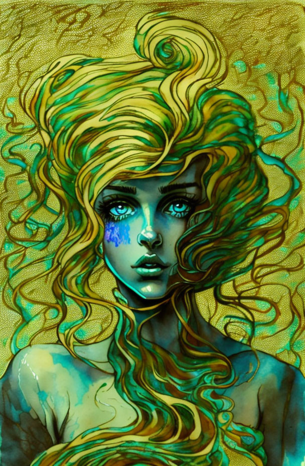 Female Figure with Golden Curls and Blue Eyes Against Green Background