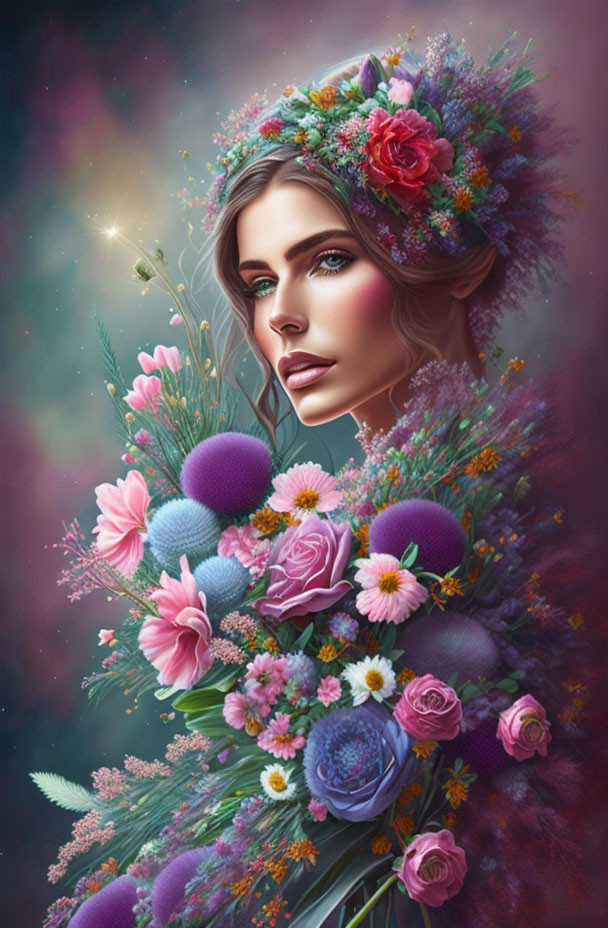 Digital painting: Woman with flowing hair, floral crown, surrounded by flowers on starry background