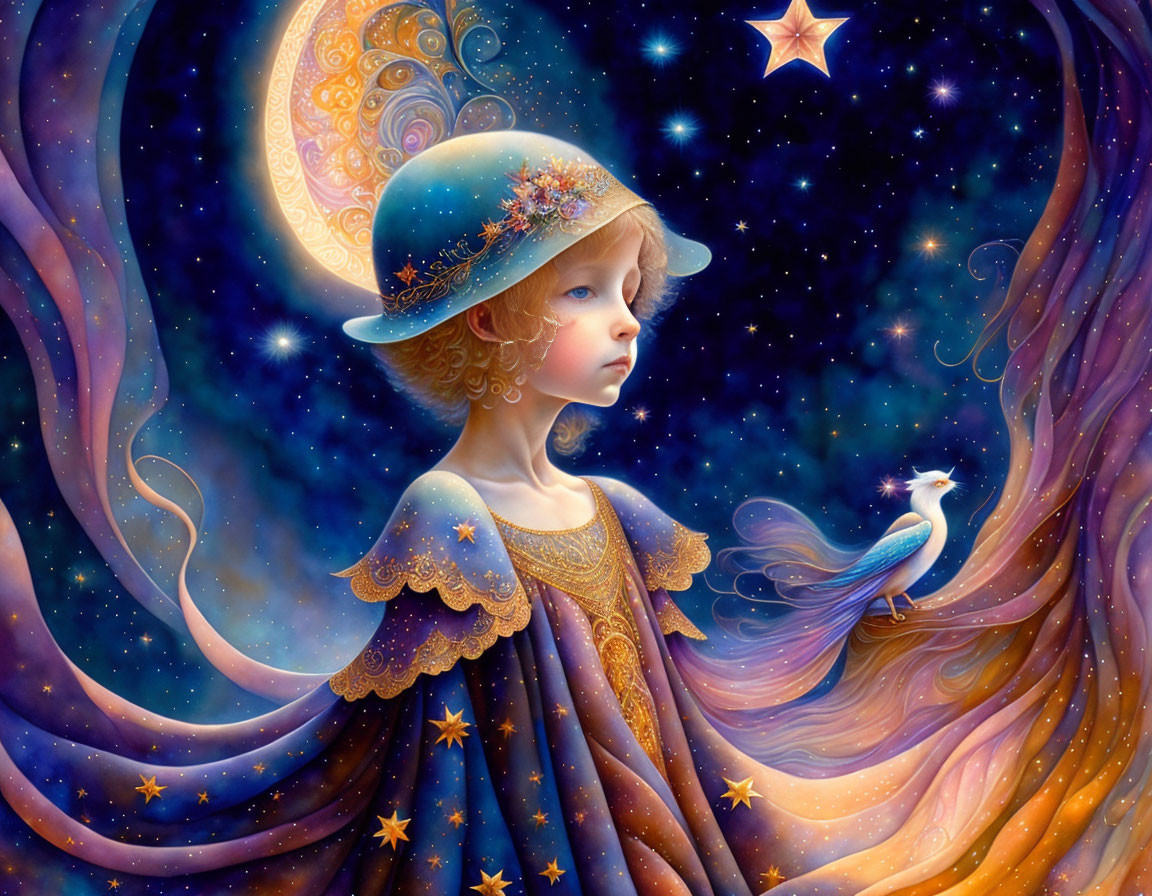 Young girl in celestial attire with bird in cosmic scene