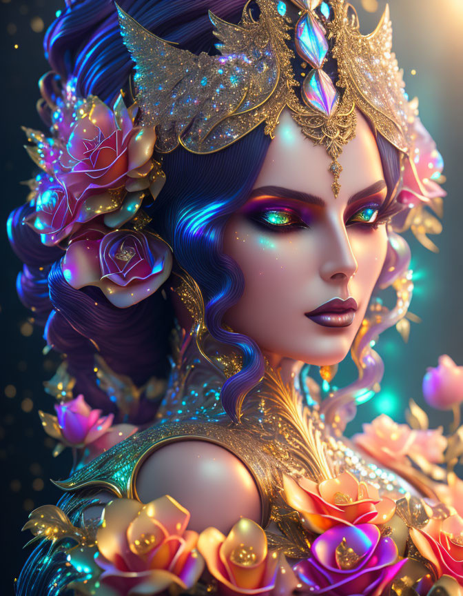 Fantastical female figure with golden headdress and floral accents