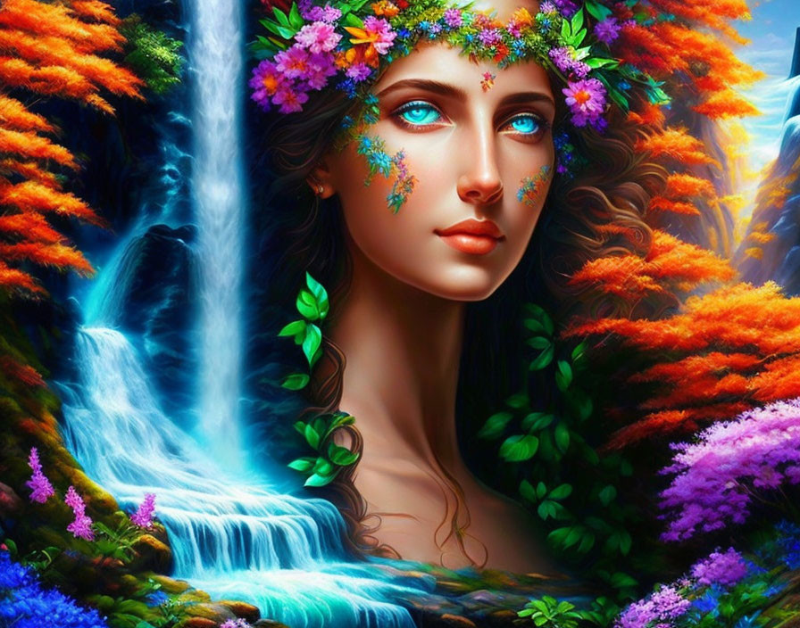 Colorful digital art: Woman with floral wreath, waterfall, lush foliage