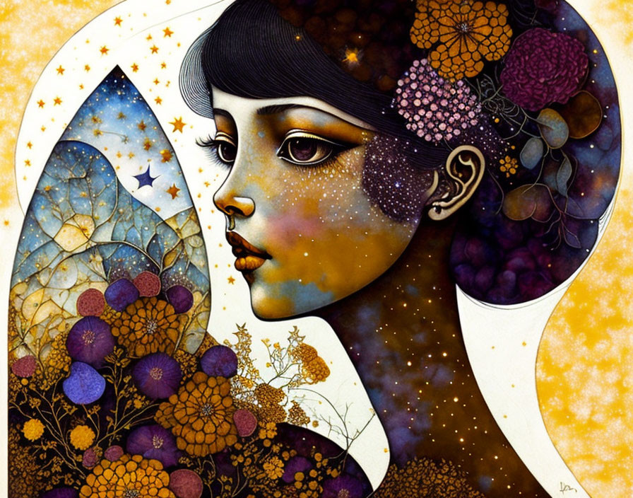 Whimsical profile illustration with starry, floral elements in warm colors