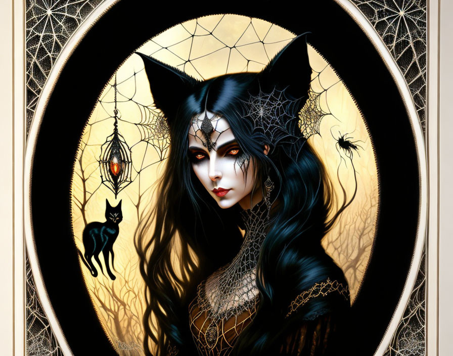 Gothic woman with cat-like ears and spider-web motif in ornate circular border