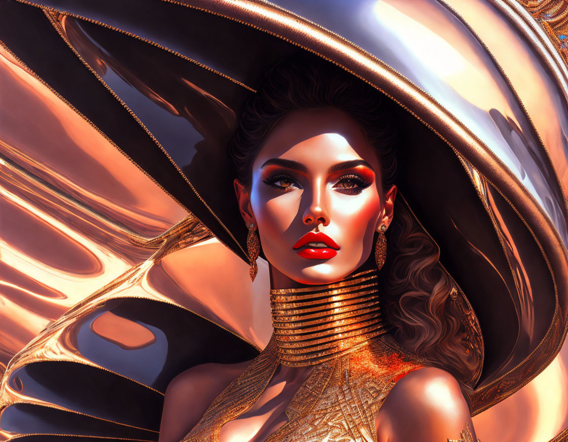 Digital artwork: Woman with striking makeup in golden attire against fluid metallic backdrop