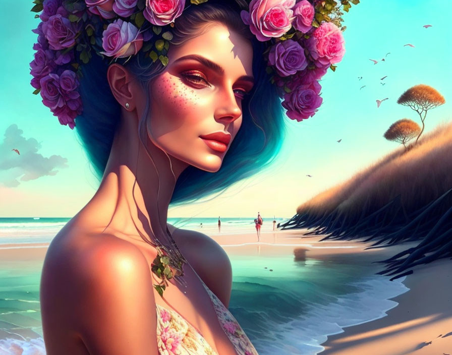 Digital artwork: Woman with floral crown on beach with vibrant colors & surreal atmosphere.