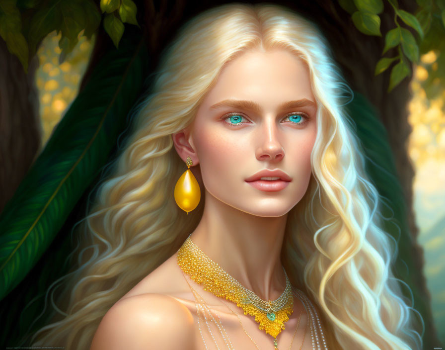 Blonde woman with blue eyes in golden jewelry against green leaves