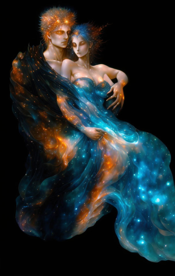 Cosmic-themed artwork of embracing couple in swirling nebula.