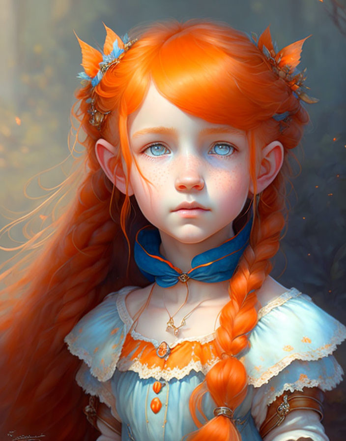 Vibrant digital artwork of young girl with orange hair and pointed ears