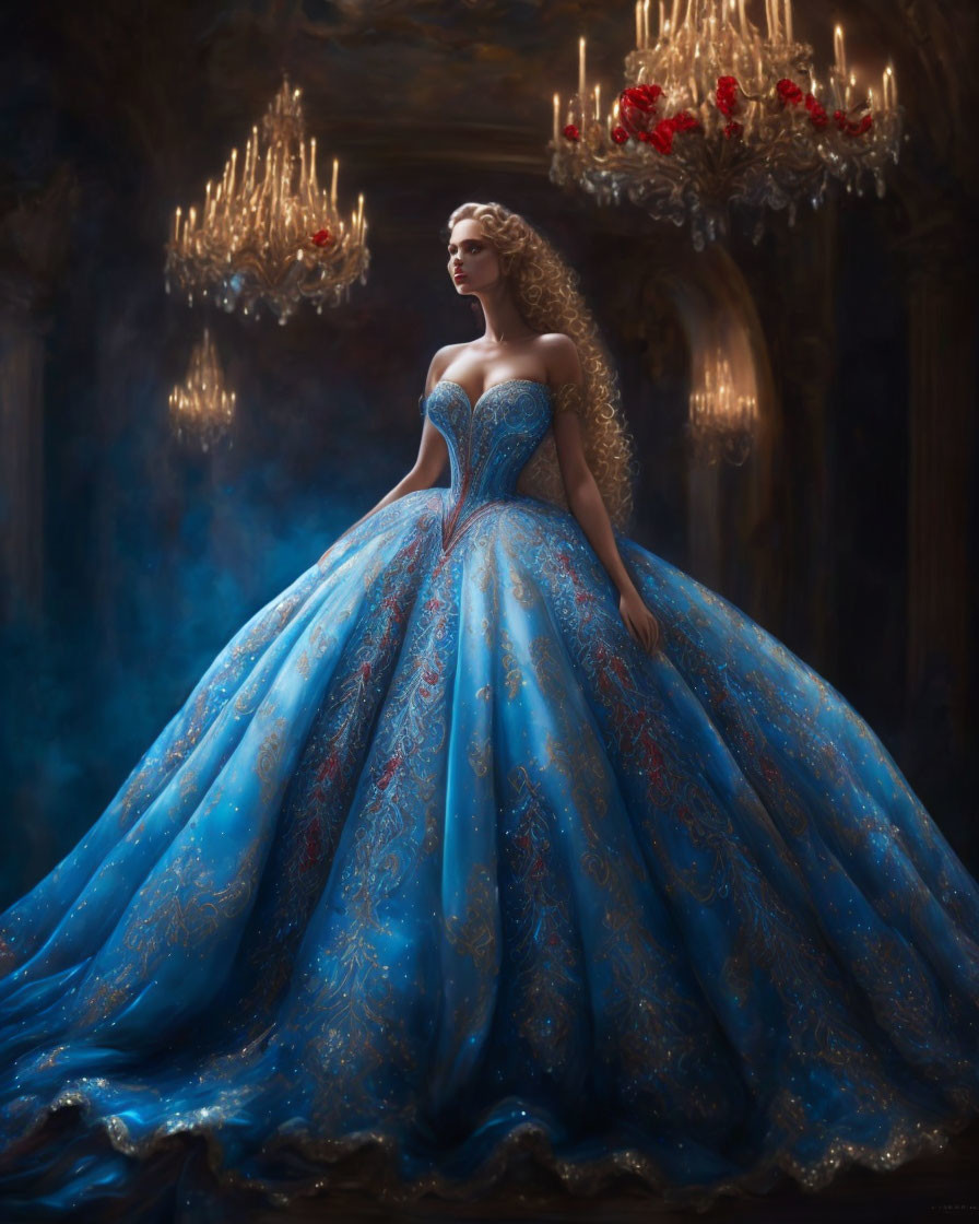 Woman in blue ball gown in dimly lit room with chandeliers and red flowers