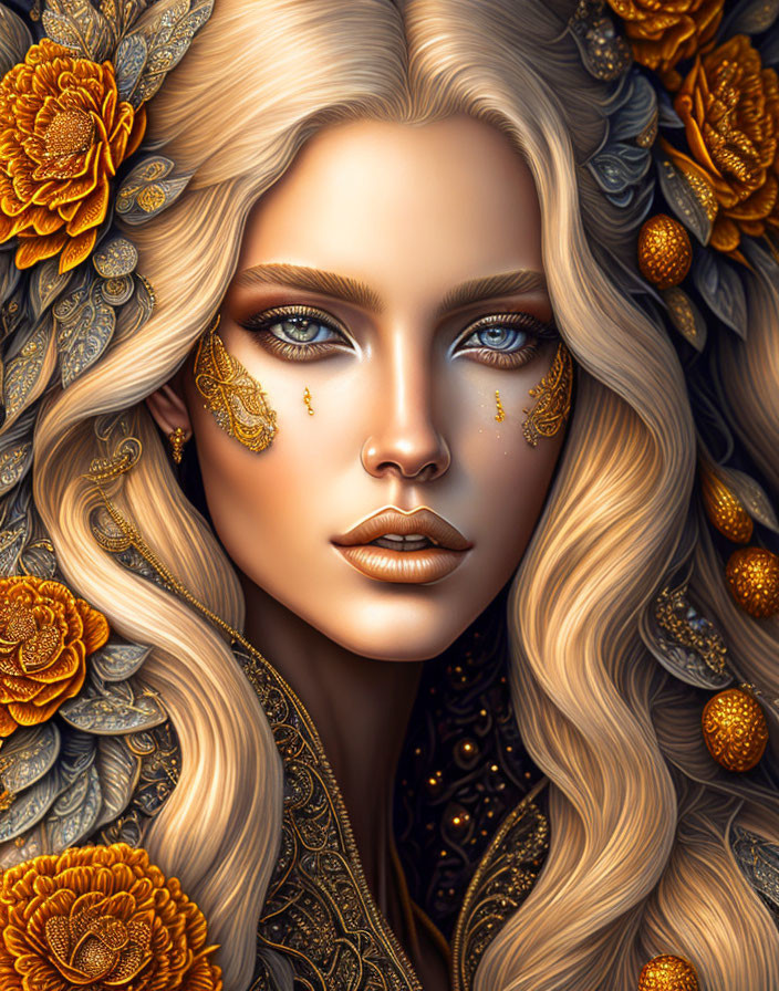 Detailed illustration of woman with golden hair, blue eyes, and intricate gold jewelry