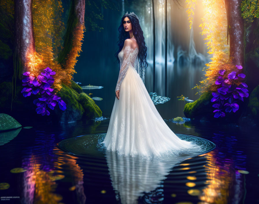 Woman in white gown standing on water in mystical forest with purple flowers and ethereal light.