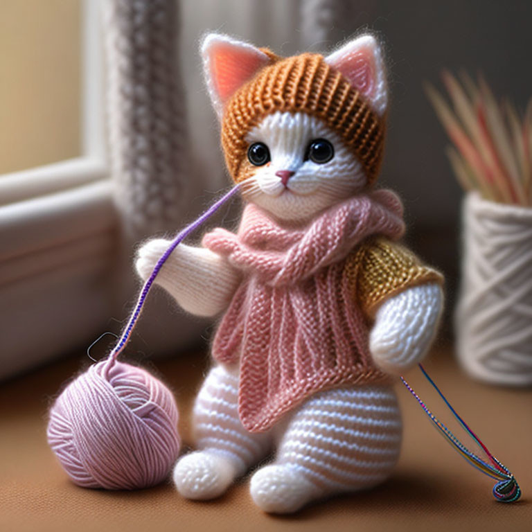 Handmade knitted cat toy in pink sweater and hat with knitting needle and yarn.