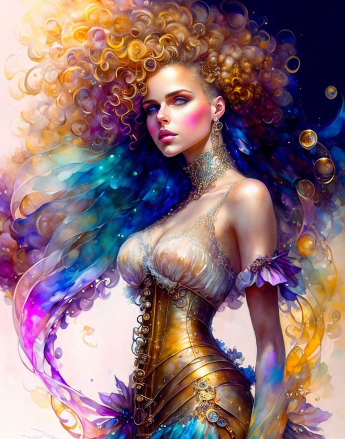 Colorful woman illustration with curly hair and golden corset.