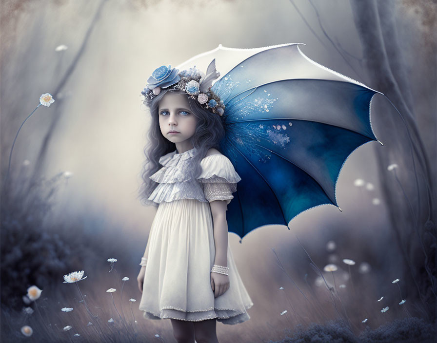 Young girl in vintage dress with blue floral hat and butterfly-winged umbrella in misty meadow with