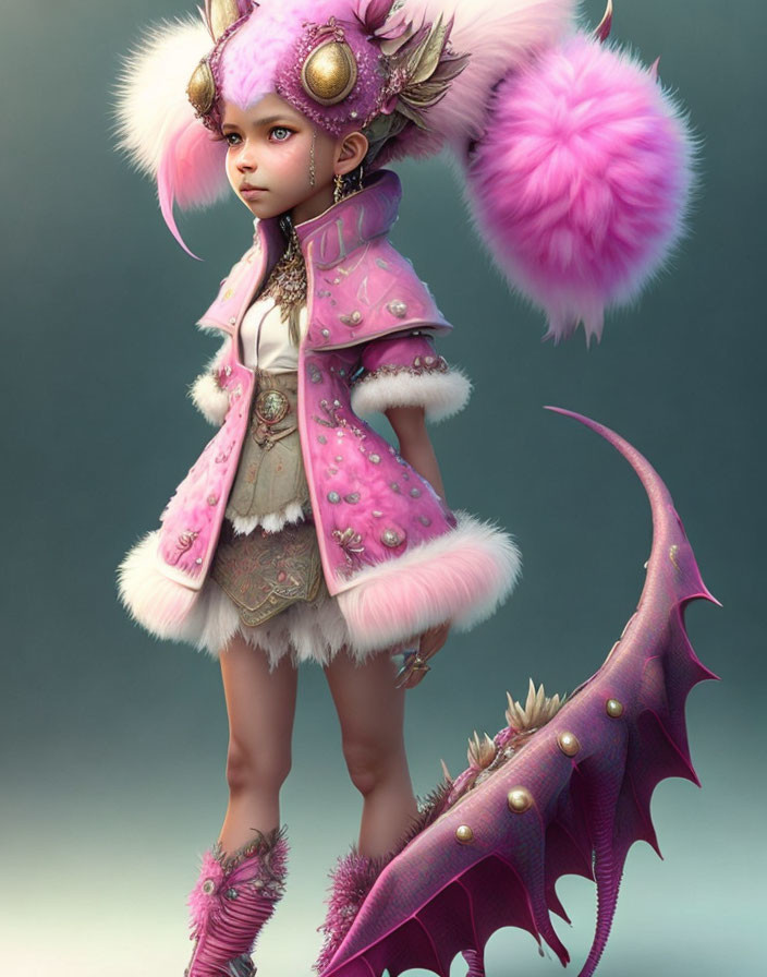 Colorful young character in pink furry outfit with horned helmet and dragon tail