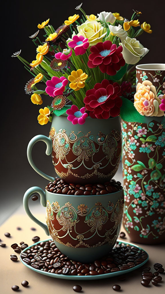 Ornate cups and vase filled with vivid flowers and coffee beans in warm composition