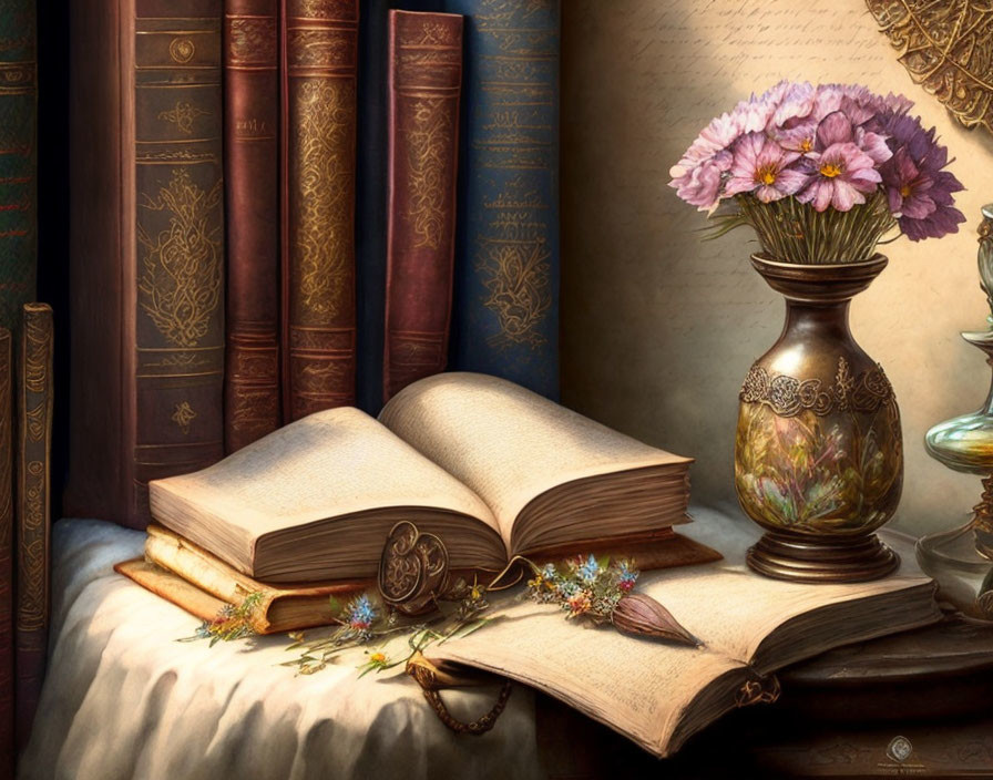 Open book, quill, inkwell, vase, and closed books with golden titles on a table