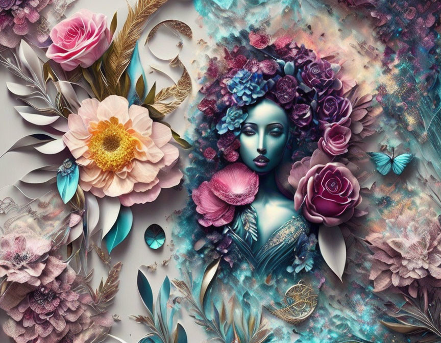 Digital artwork: Woman with floral hair and skin blend