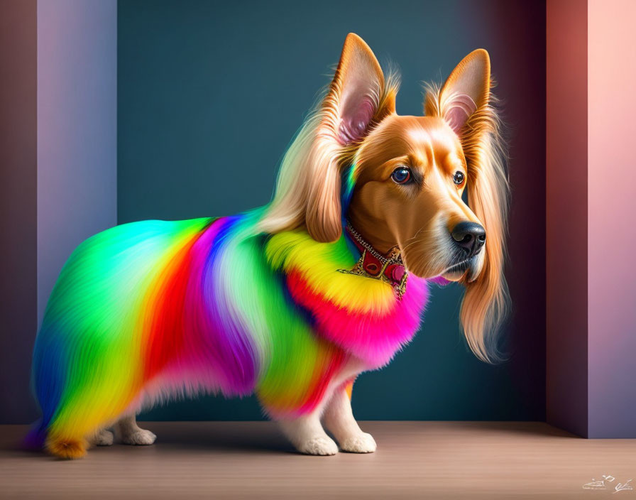 Digitally created dog with rainbow fur textures and expressive ears on dual-tone background