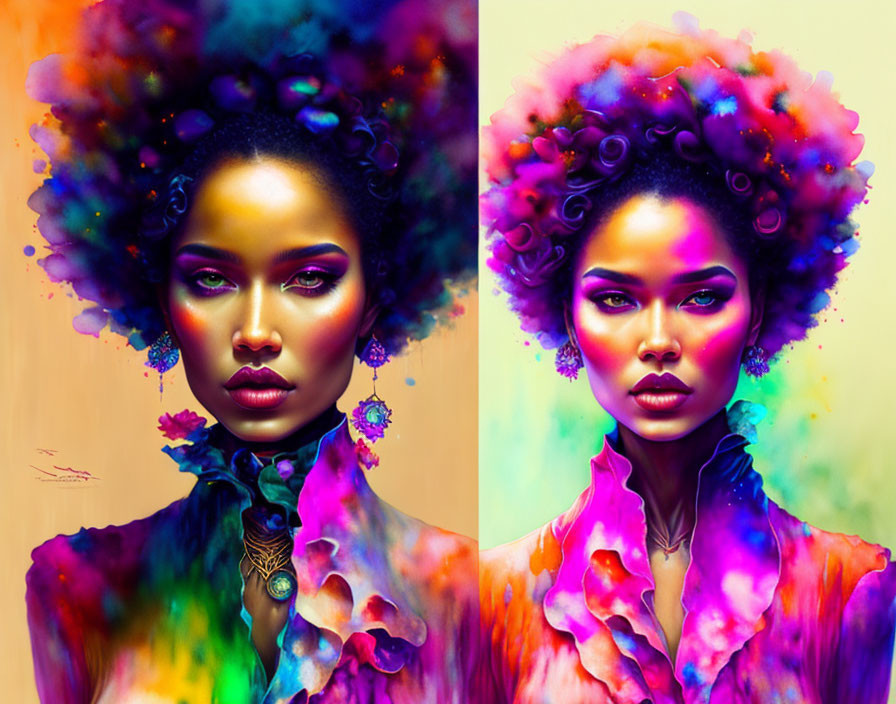 Colorful Afro Hair Woman in Striking Makeup on Abstract Background